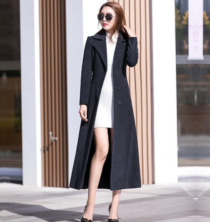 Elegant Black Wool Blend Coat – Button Front Maxi Winter Coat | Xiaolizi  2467