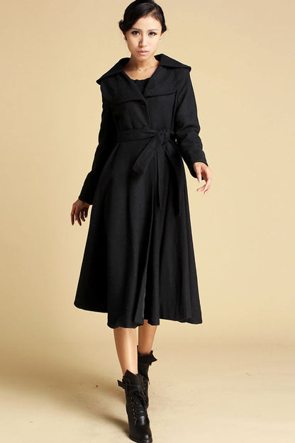 Black Wool Coat - Double Folded Collar with Self-Tie Waist 2113199813