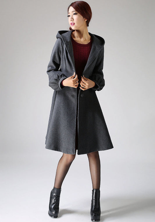 Hooded Swing wool jacket coat with Lantern Sleeves 1073#