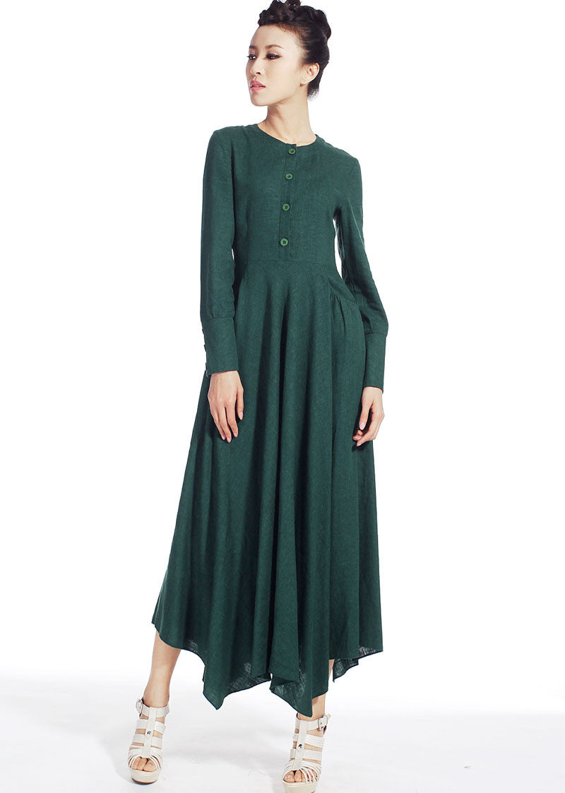 casual dress woman Maxi linen dress long sleeve dress in dark green (5 Xiaolizi casual dress woman Maxi linen dress long sleeve dress in dark green (5 Xiaolizi