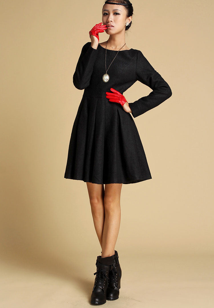 Black wool winter mini dress 0352#