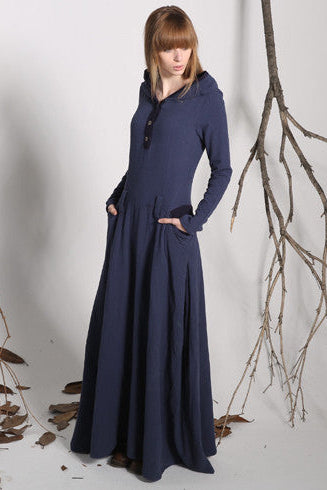 Midnight Blue Linen Maxi Dress – Hooded Long Sleeve Dress 1140 – Xiaolizi