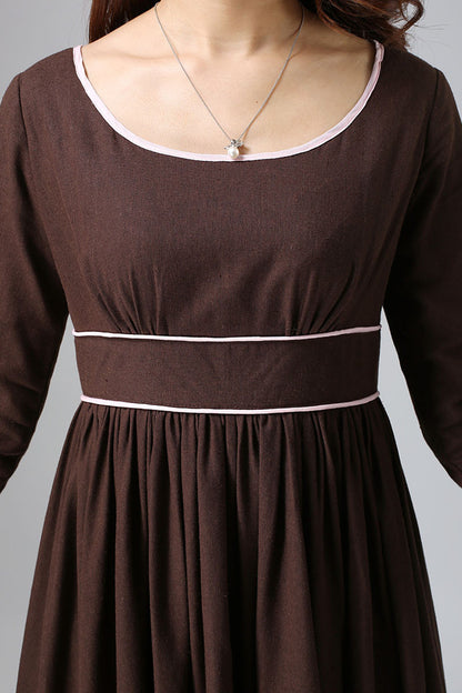 Brown Linen Maxi Dress - 3/4 Sleeve, Empire Waist 808