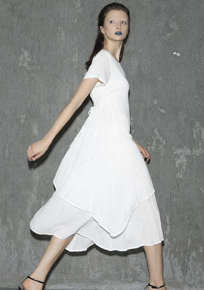 White Linen Maxi Dress - Layered Soft Round Neck 1309