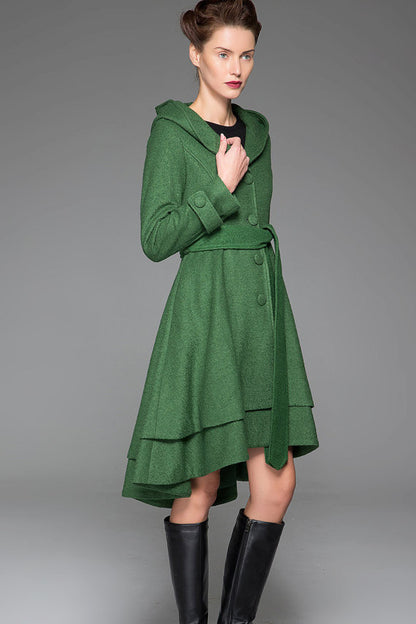 Vintage Wool Coat for Women – Handmade Green Hooded Fit and Flare Winter Coat with Layered Hem | Xiaolizi 1411