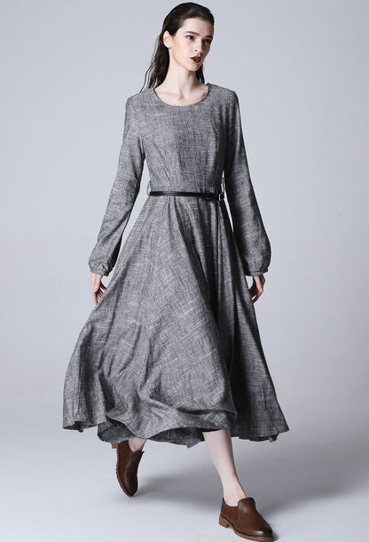 Gray Linen Maxi Dress - Loose Fit with Round Neckline and Long Sleeves 1167