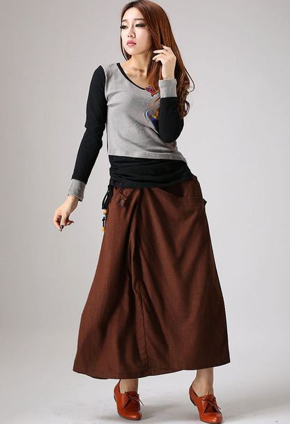 Brown Linen Maxi Skirt - Irregular Hem with Side Pockets 858