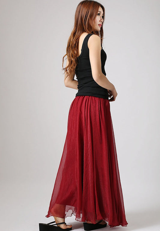 Maxi skirt Chiffon skirt elastic waist long skirt woman Red skirt with ruffle waist detail (862)