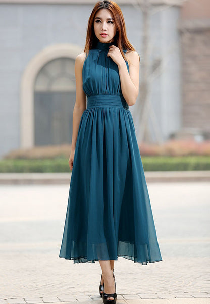 Sleeveless Chiffon Dress – Blue Pleated Waist Midi Dress  918