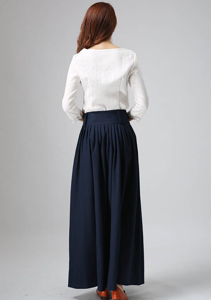 Navy Linen Maxi Skirt - Pleated Waist Side Pockets | Xiaolizi 815