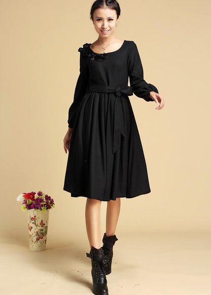 Black Wool Midi Dress - Tie Belt Waist, Long Sleeve 321