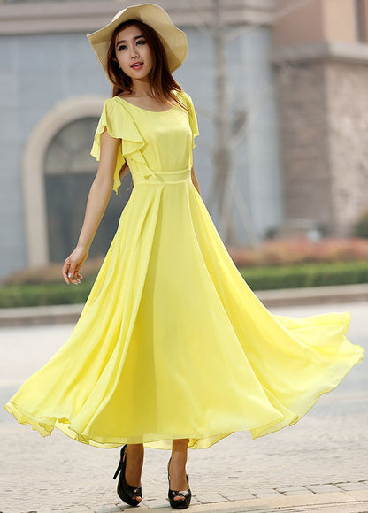 Yellow Chiffon Maxi Dress - Flowy Sleeve Fitted Waist 919