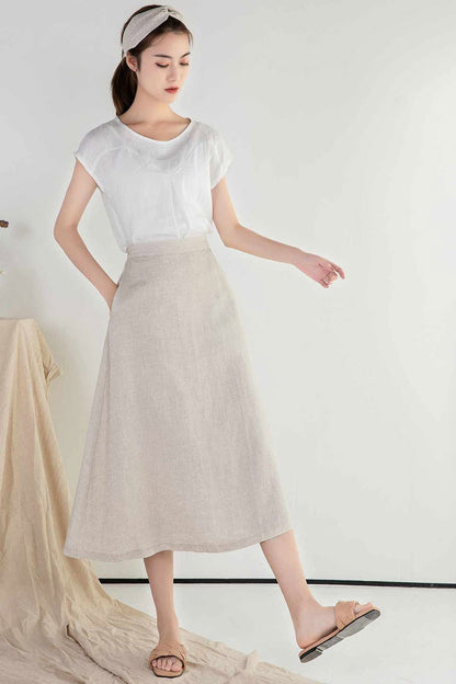 Linen A-Line Midi Skirt - Elastic Waist Two Pockets | Xiaolizi 2396