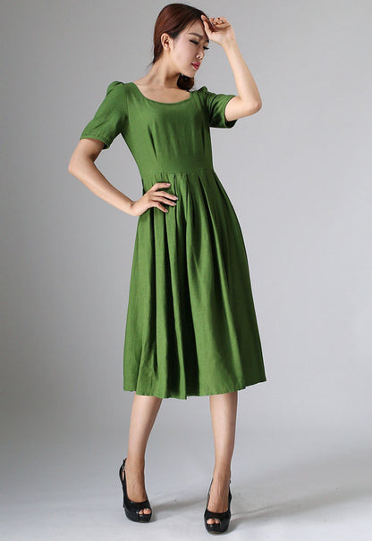 Forest Green Linen Dress - Fit and Flare Pleated Silhouette 973