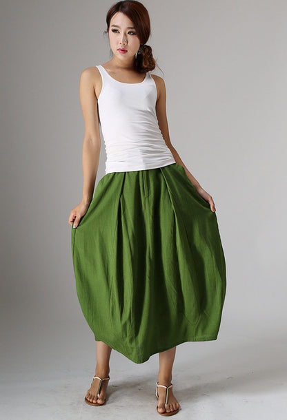 Handmade Linen Bubble Skirt Green – High-Waist Pleats Midi – 0984