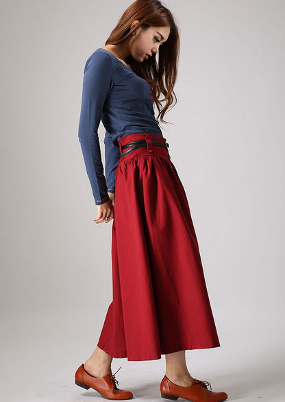 Red Linen Maxi Skirt - Elastic Waist with Front Buttons 876