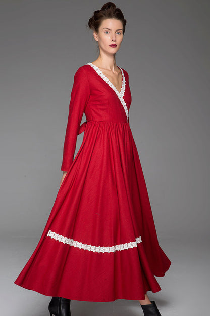 Red Wool Maxi Dress - Deep V Neckline and Fitted Waist 1444