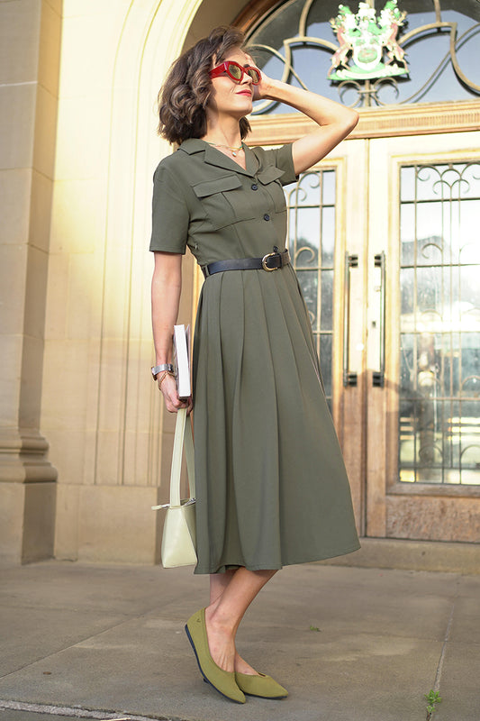 Midi Pleated Green Military Swing Shirt Dress 3703