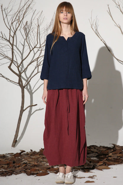 Burgundy Linen Maxi Skirt – Vintage High Waist Casual Long Skirt with Pockets 1162