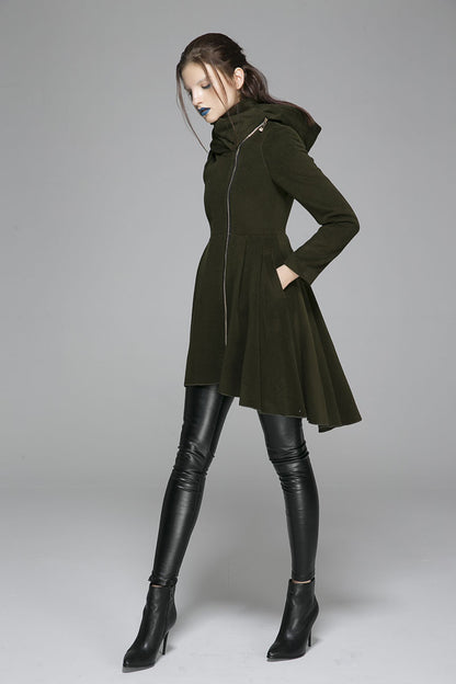 Army Green Wool Blend Hooded Coat – Handmade Asymmetrical Winter Elegance 1360