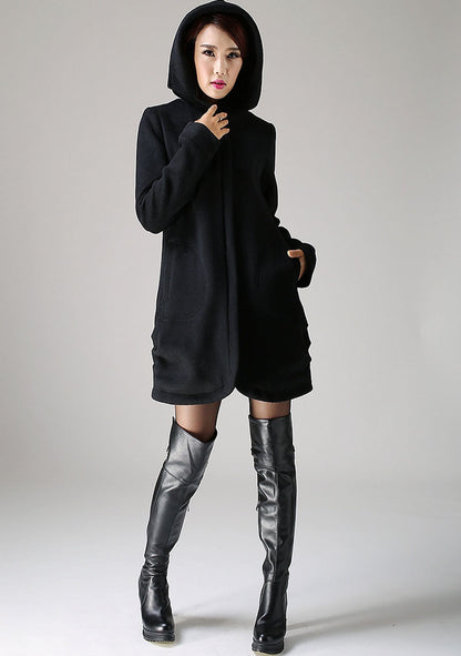 Hooded Wool Blend Coat – Women’s Short Winter Jacket with Pockets 1076