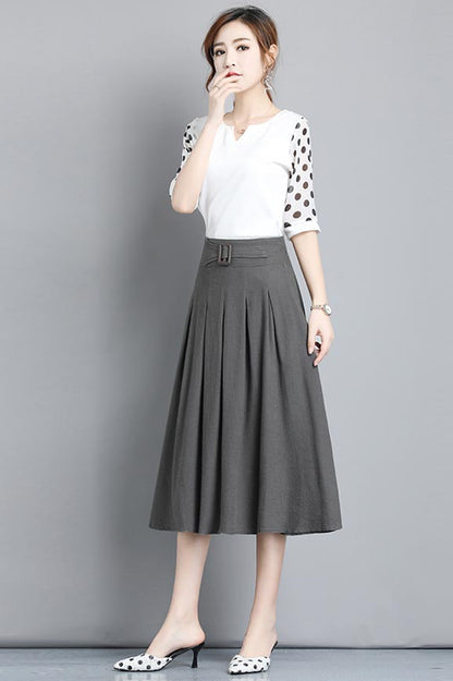 Midnight Gray Polyester Pleated Skirt - High Waist, Below Knee CYM317
