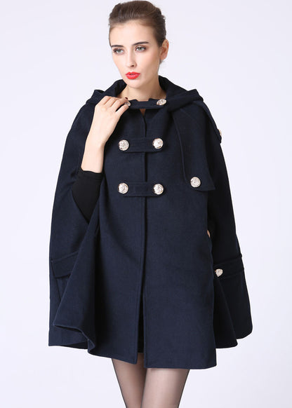 Navy Blue Hooded Wool Cape – Handmade Double-Breasted Winter Coat | Xiaolizi 1057
