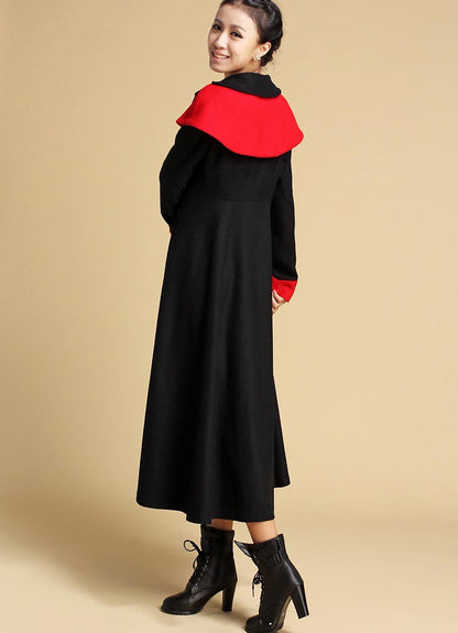 Black Wool Maxi Dress - Red Collar Elegant Winter Dress 322