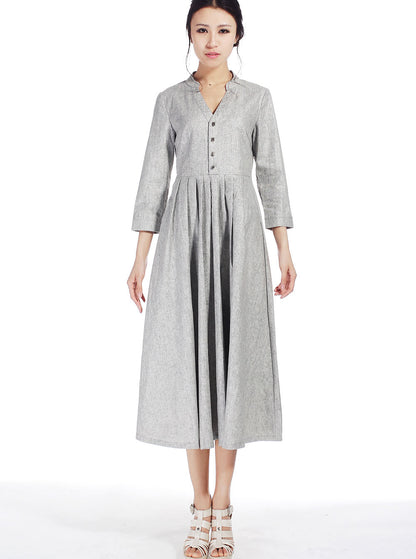 Beige Cotton Linen Maxi Shirt Dress - V-Neck, 3/4 Sleeve 518