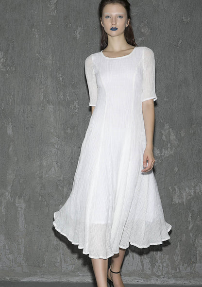White Linen Maxi Dress - Round Neck, Elbow Sleeve Flowy Silhouette 1307