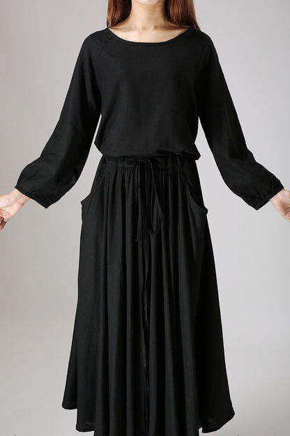 Black Linen Maxi Dress - Long Sleeve Round Neck | Xiaolizi 835
