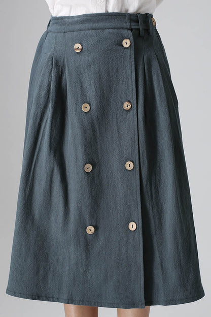Army Green Linen Midi Skirt - Button Detail, Elastic Waist 823
