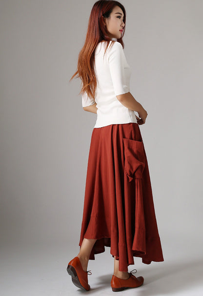 Red Linen Maxi Skirt - Asymmetric Ruffle Hem Pockets | Xiaolizi 1044