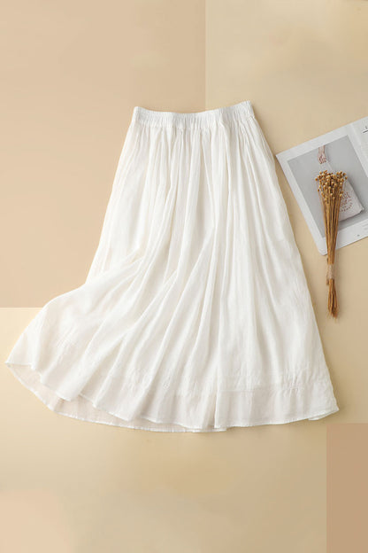 White Linen Maxi Skirt - Elastic Waist A-Line Flowing Design 3590