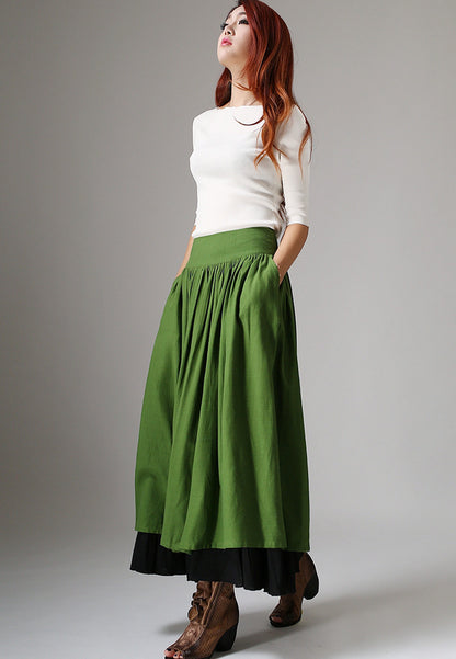 Feminine Linen Maxi Skirt Forest Green – High-Waisted A-Line – 1037