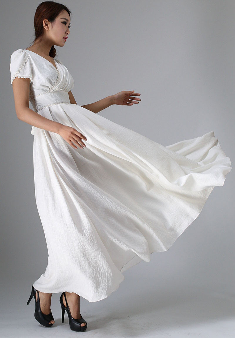 White Linen Maxi Dress - V-Neck Fit & Flare Lace Detail | Xiaolizi 959 - White / XS White Linen Maxi Dress - V-Neck Fit & Flare Lace Detail | Xiaolizi 959 - White / XS