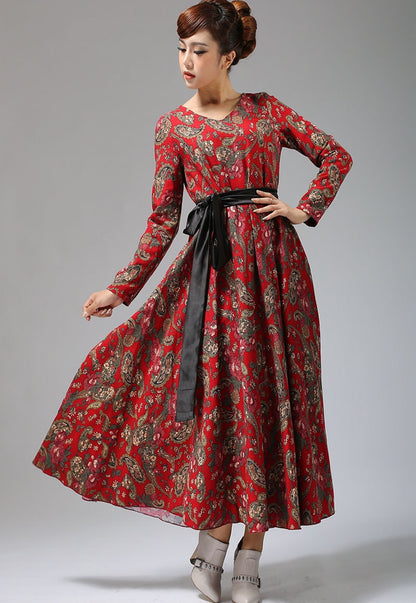 Red Linen Maxi Dress - A-Line Silhouette with Ethnic Print 693