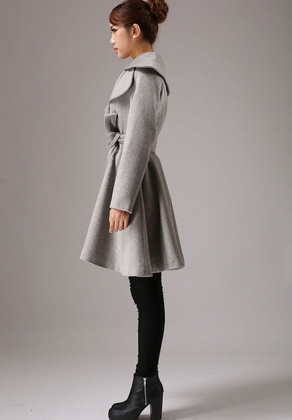 Gray Wool Blend Midi Coat - Double Collar, Self-Tie Waist 2021179