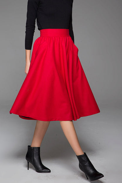 Red Wool Midi Skirt - Elastic Waist with Side Pockets 1430