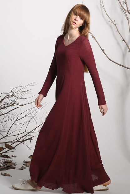 Red Linen Maxi Dress - V-Neck Long Sleeve Loose Fit 1138