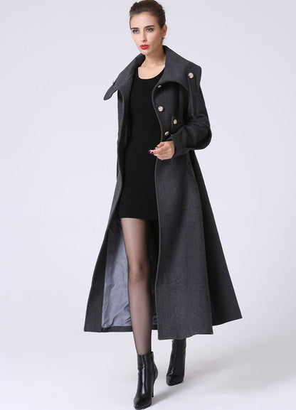 Gray Wool Maxi Coat - Military Inspired, Flared Silhouette 1063