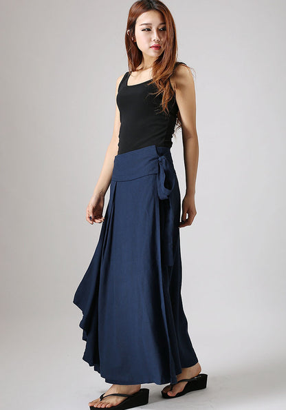 Blue Linen Wrap Skirt - Pleated Waist Tie Belt Ankle Length 874