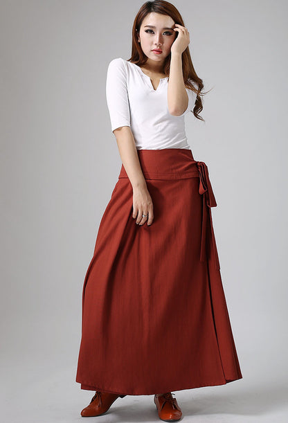 Red Linen Wrap Skirt - Pleated Waist Tie Detail 908