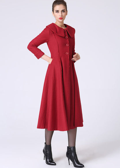 Vintage Wool Coat for Women – Handmade Red Princess Style Long Winter Coat with Lace Trim | Xiaolizi 1065