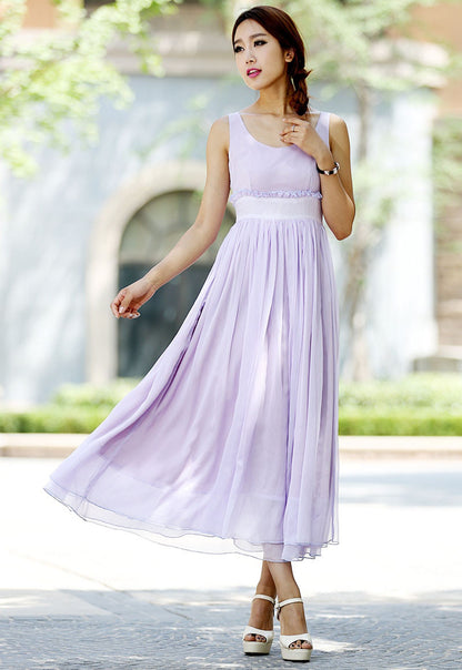 Lavender Chiffon Maxi Dress - Sleeveless Lined Bridesmaid | Xiaolizi 1027