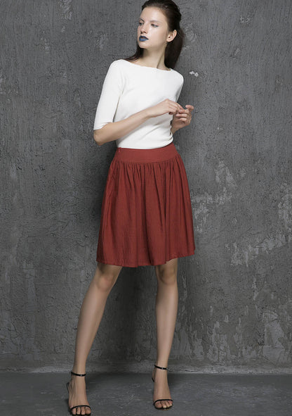 Red Linen Mini Skirt - Flowy Gathered Waist 1334