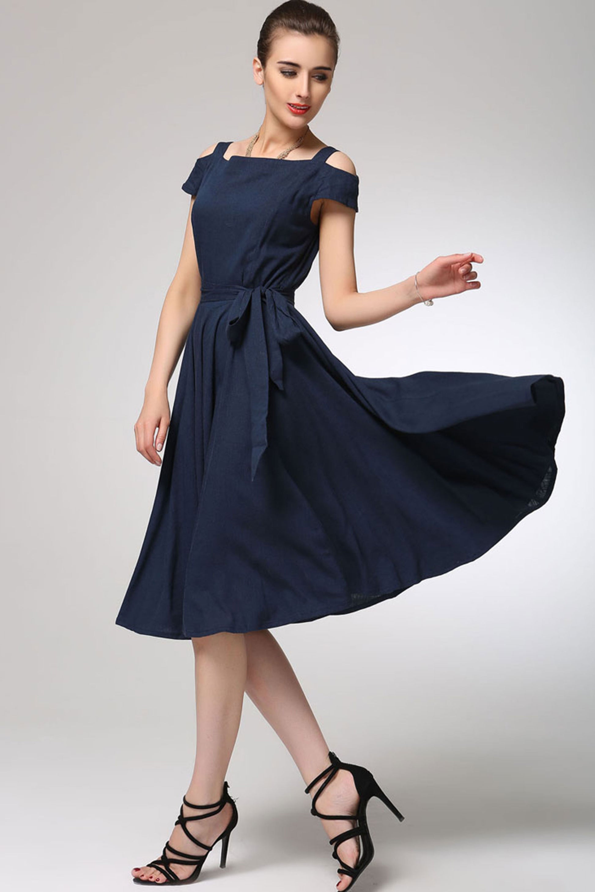 Navy Linen Midi Dress - Pleated Skirt, Fitted Waist 1262 - Blue / XS Navy Linen Midi Dress - Pleated Skirt, Fitted Waist 1262 - Blue / XS