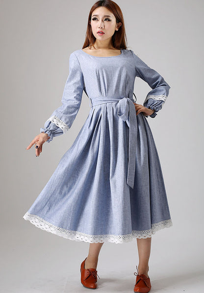 Blue Linen Maxi Dress - Lace-Trimmed, Long Sleeve 882