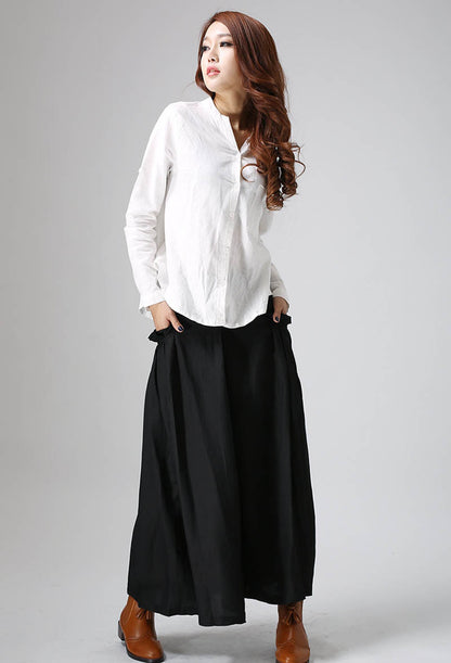 Black Linen Maxi Skirt - Pleated Pockets, Button Front 822