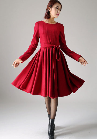 Red Wool Blend Midi Dress - Pleated Skirt with Tie Waist 1082